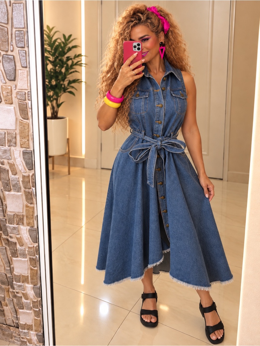 Sleeveless Denim Midi Dress with Tie Waist - Blue